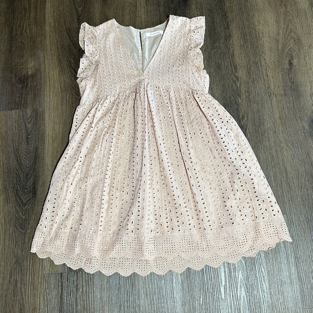 Mustard Seed Mini Dress Eyelet Babydoll Lined Dainty Flutter Sleeve Blush Pink M